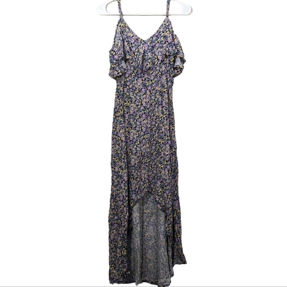 REWIND Purple Blue Aqua Sky Floral Off Shoulder High Low Unique Dress Summer - Picture 9 of 11